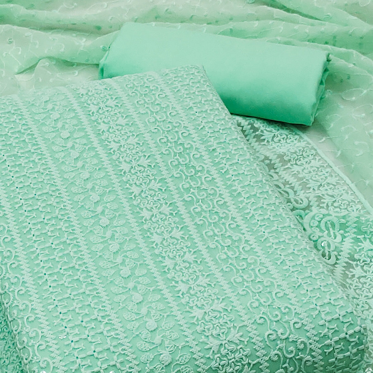 Sea Green Embroidered Georgette Dress Material