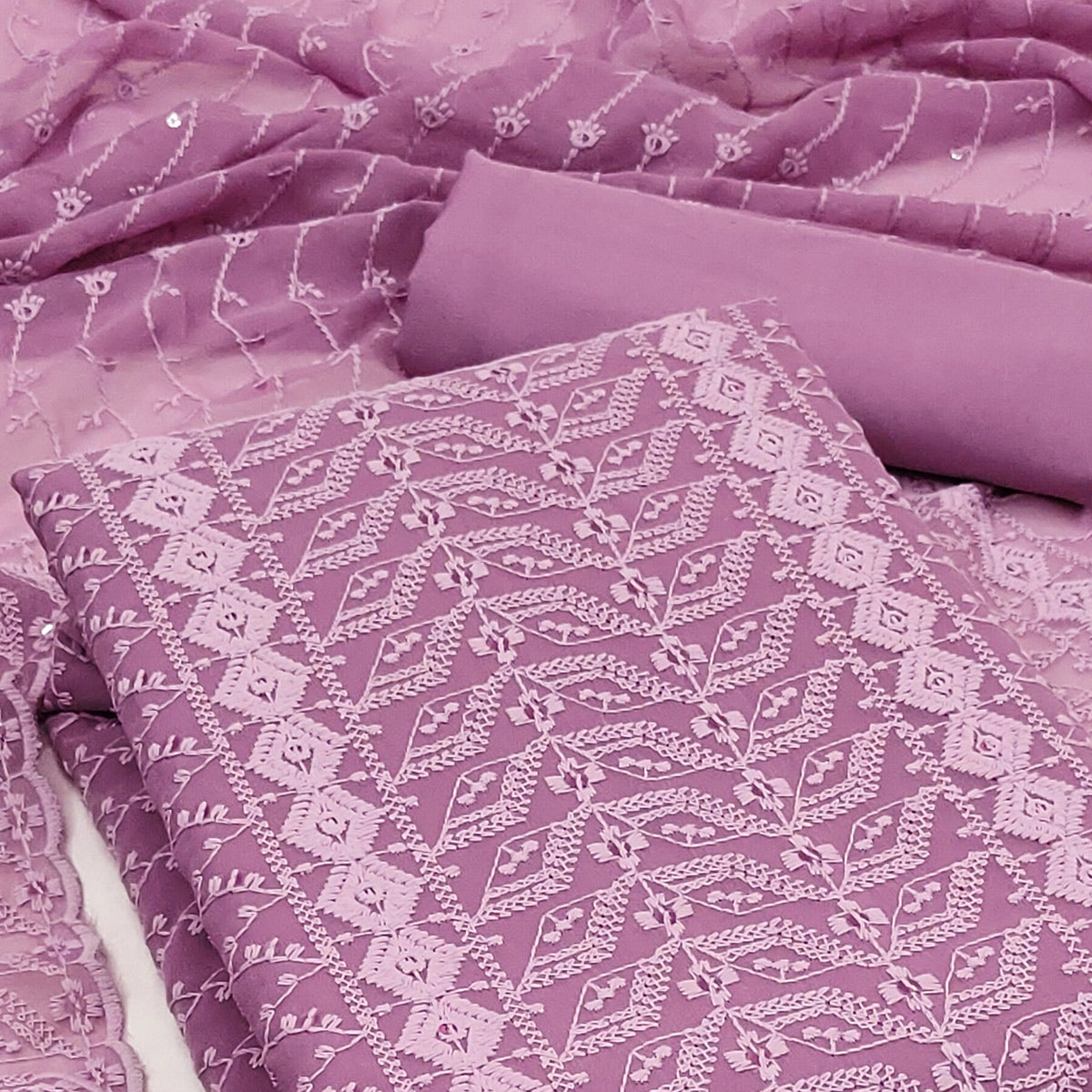 Purple Lucknowi Embroidered Georgette Dress Material