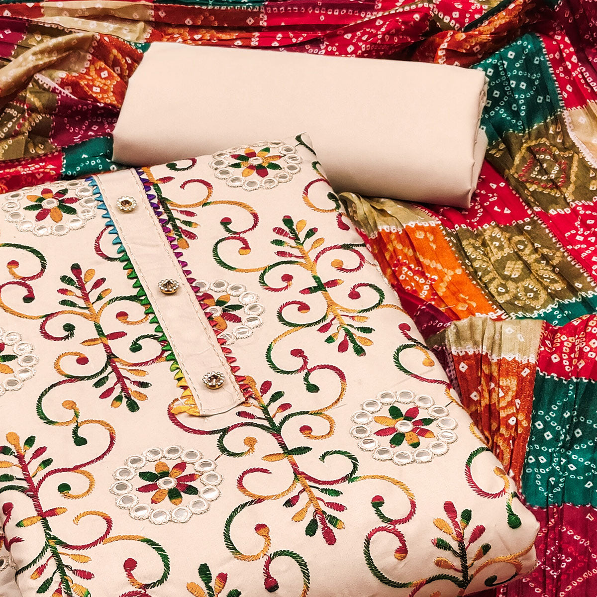 Cream Floral Embroidered Cotton Blend Salwar Suit - Image 3