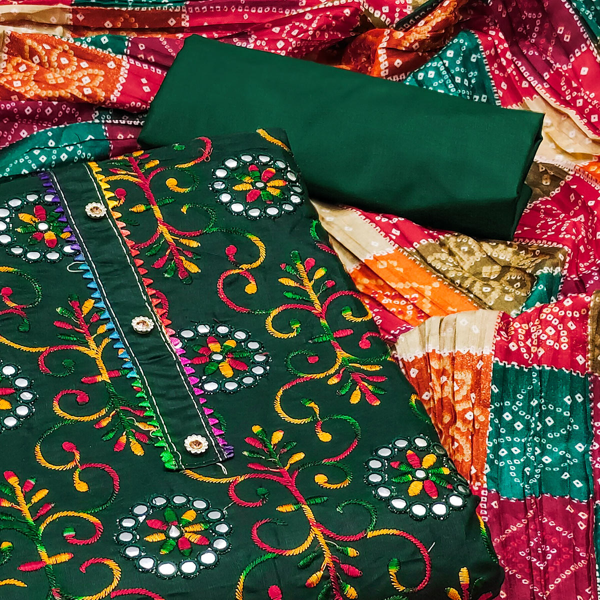 Green Floral Embroidered Cotton Blend Dress Material