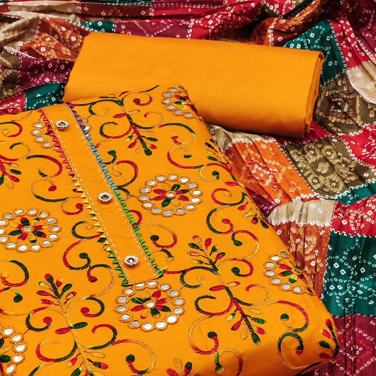 Mustard Floral Embroidered Cotton Blend Dress Material