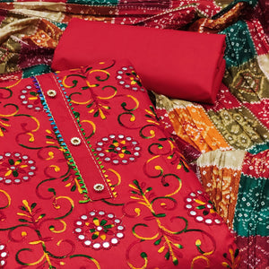 Red Floral Embroidered Cotton Blend Dress Material