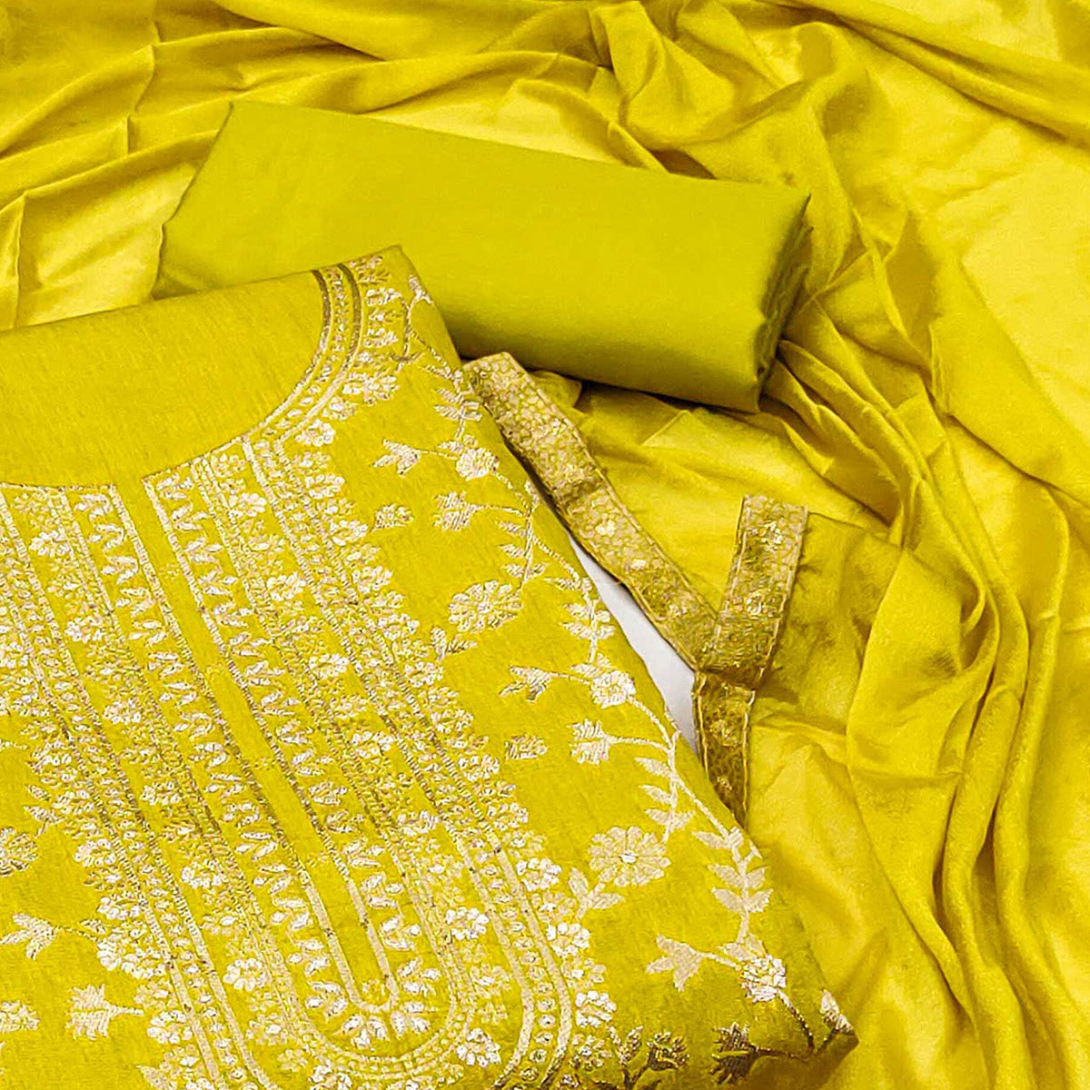 Lemon Green Floral Woven Jacquard Dress Material
