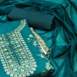 Teal Floral Woven Jacquard Dress Material