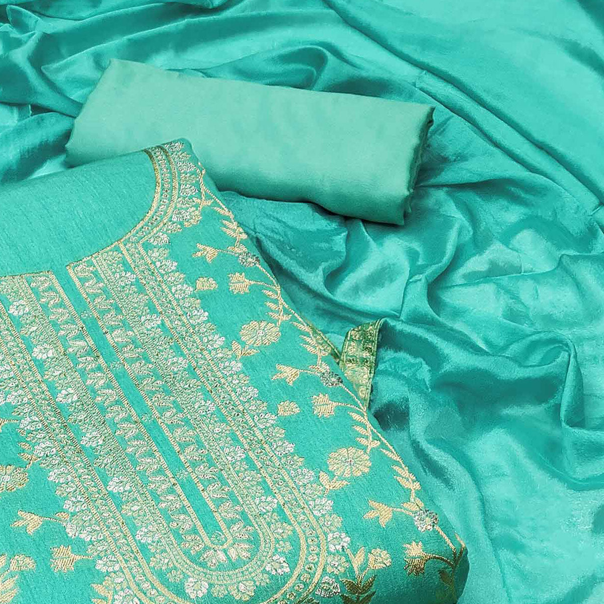 Turquoise Floral Woven Jacquard Dress Material