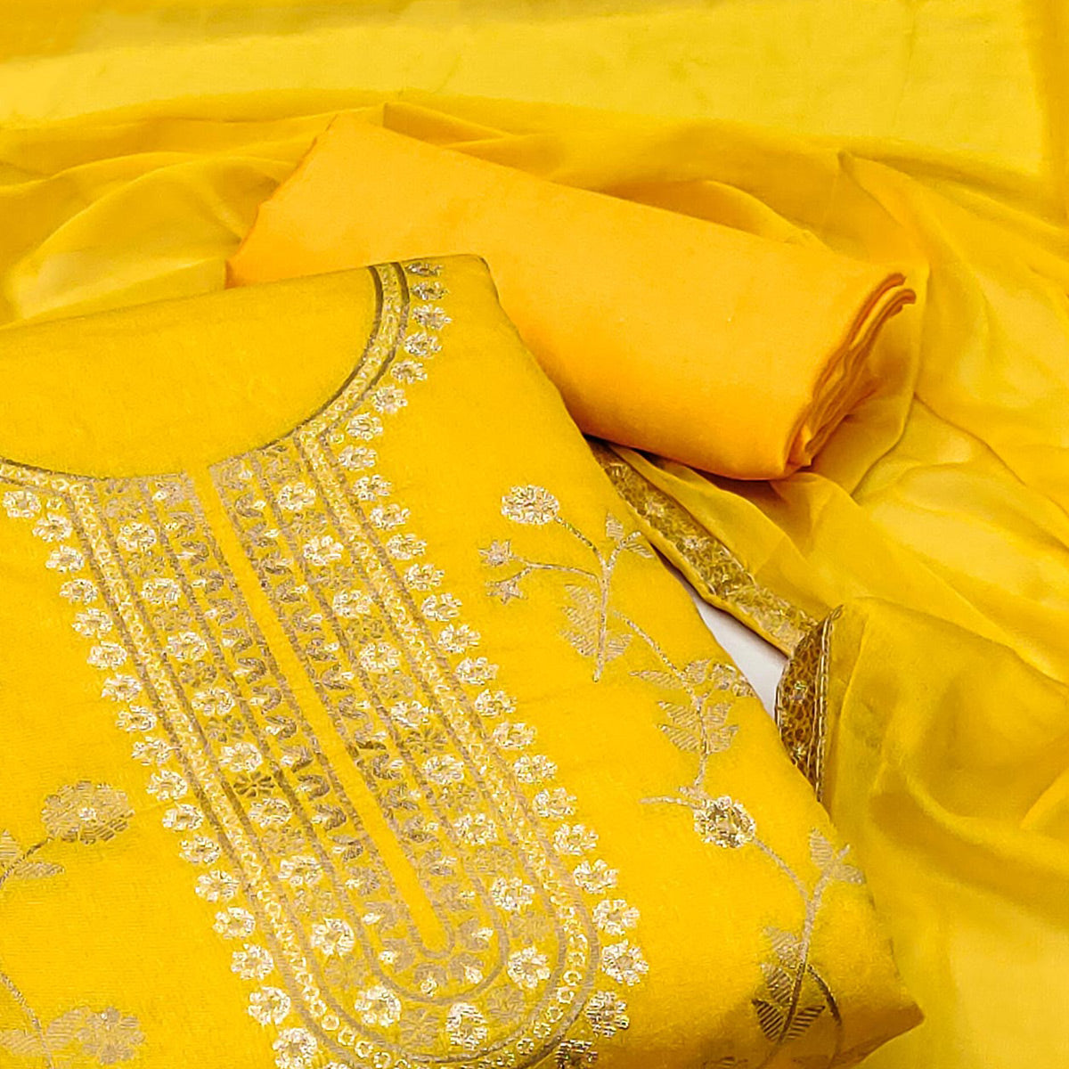 Yellow Floral Woven Jacquard Dress Material