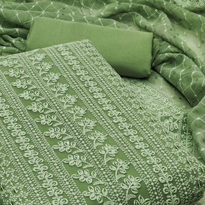 Green Lucknowi Embroidered Georgette Dress Material