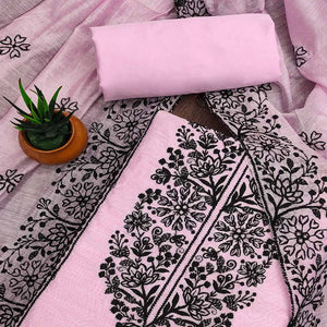 Pink Floral Embroidered Chanderi Dress Material