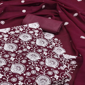 Wine Floral Embroidered Georgette Dress Material
