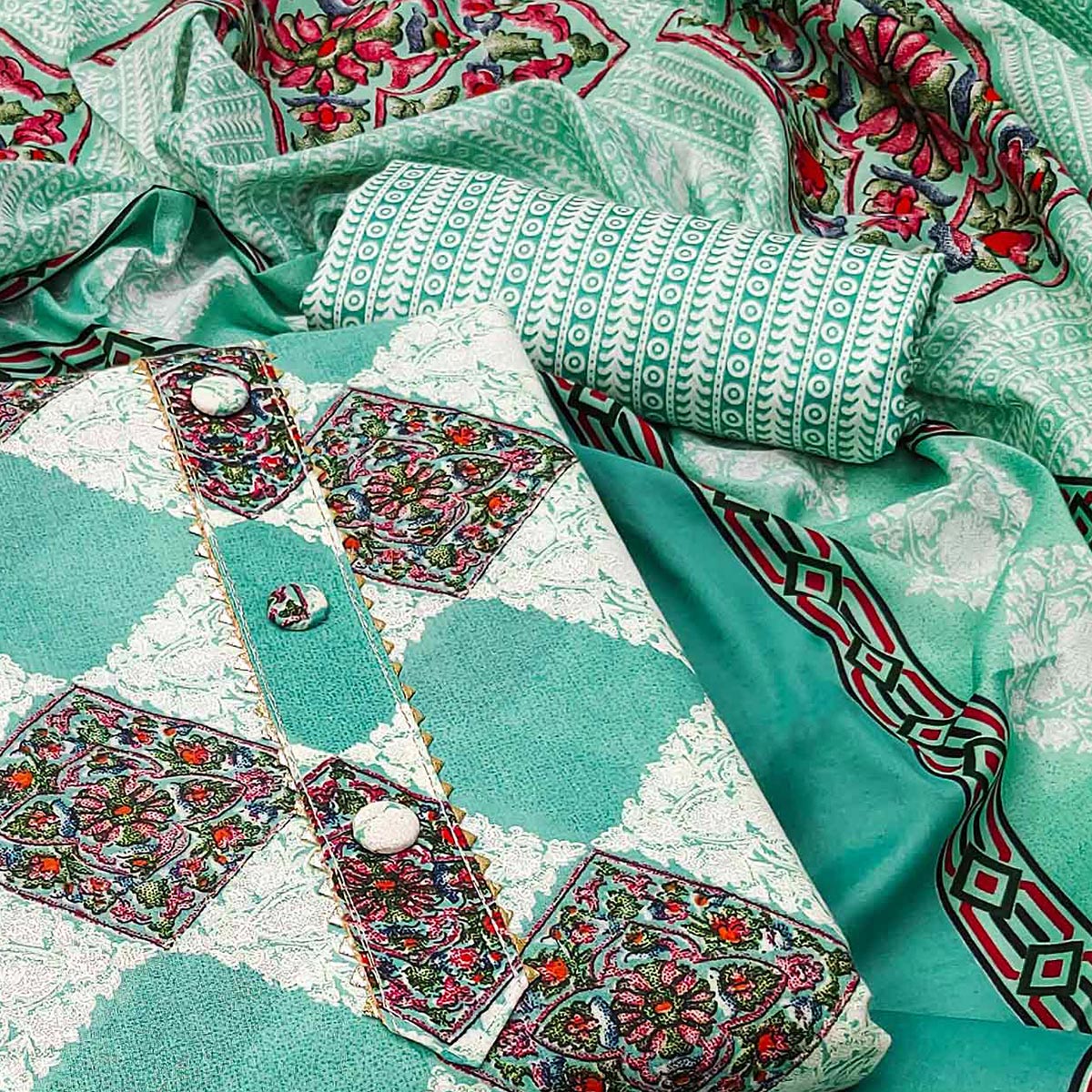 Turquoise Floral Printed Pure Cotton Dress Material