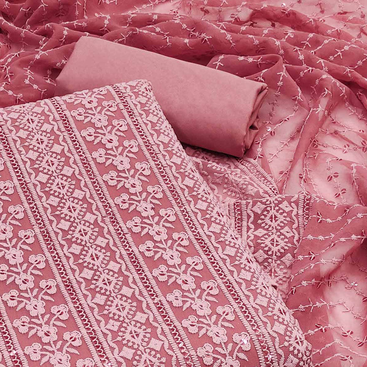 Gajari Pink Floral Sequins Embroidered Georgette Dress Material