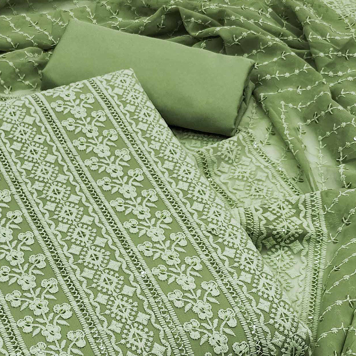 Green Floral Sequins Embroidered Georgette Dress Material