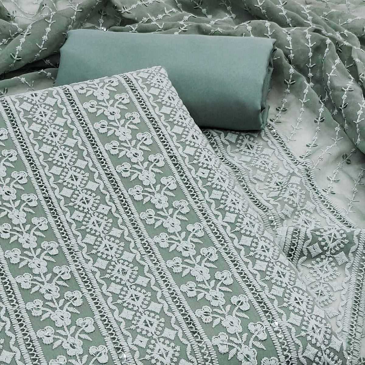 Grey Floral Sequins Embroidered Georgette Dress Material