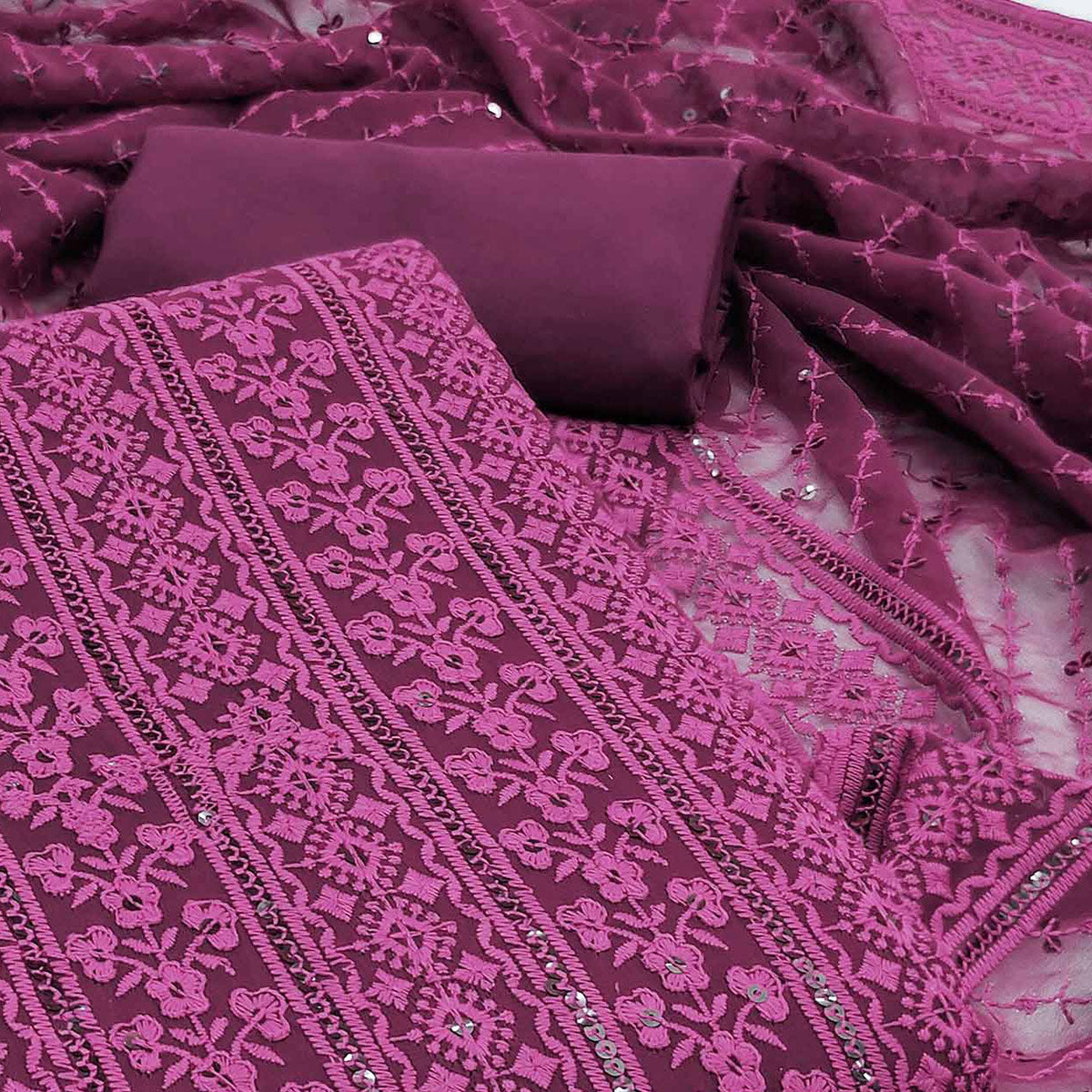 Wine Floral Sequins Embroidered Georgette Dress Material