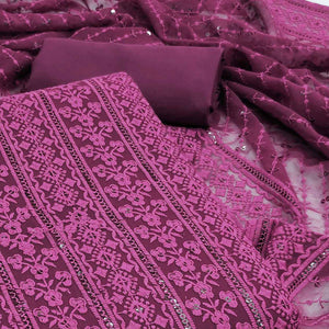 Wine Floral Sequins Embroidered Georgette Dress Material