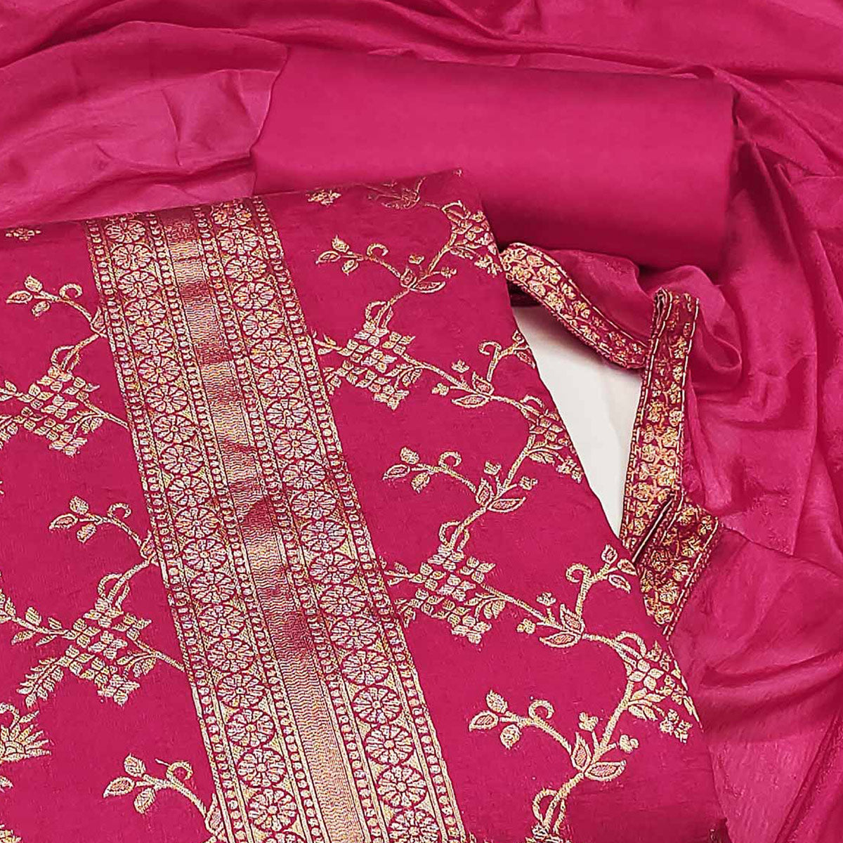 Rani Pink Floral Woven Banarasi Jacquard Dress Material