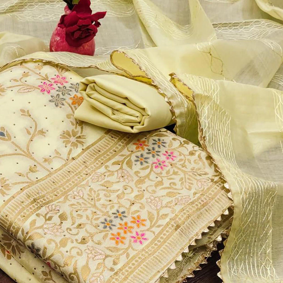 Light Yellow Floral Woven Banarasi Jacquard Dress Material