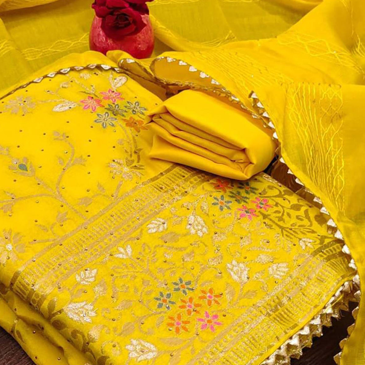 Yellow Floral Woven Banarasi Jacquard Dress Material