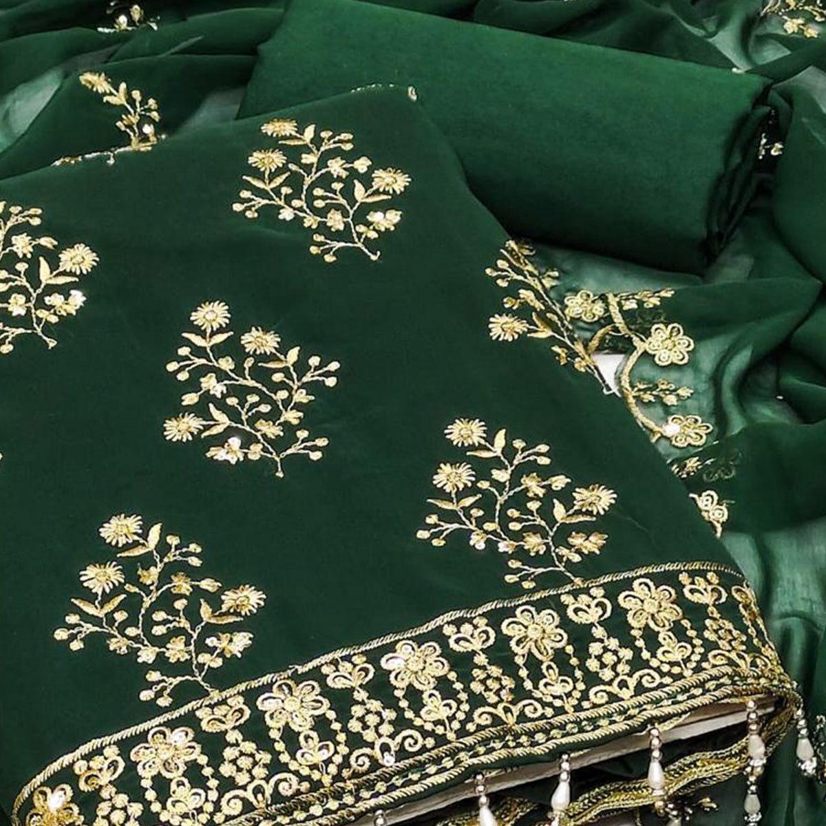 Green Floral Sequins Embroidered Georgette Dress Material