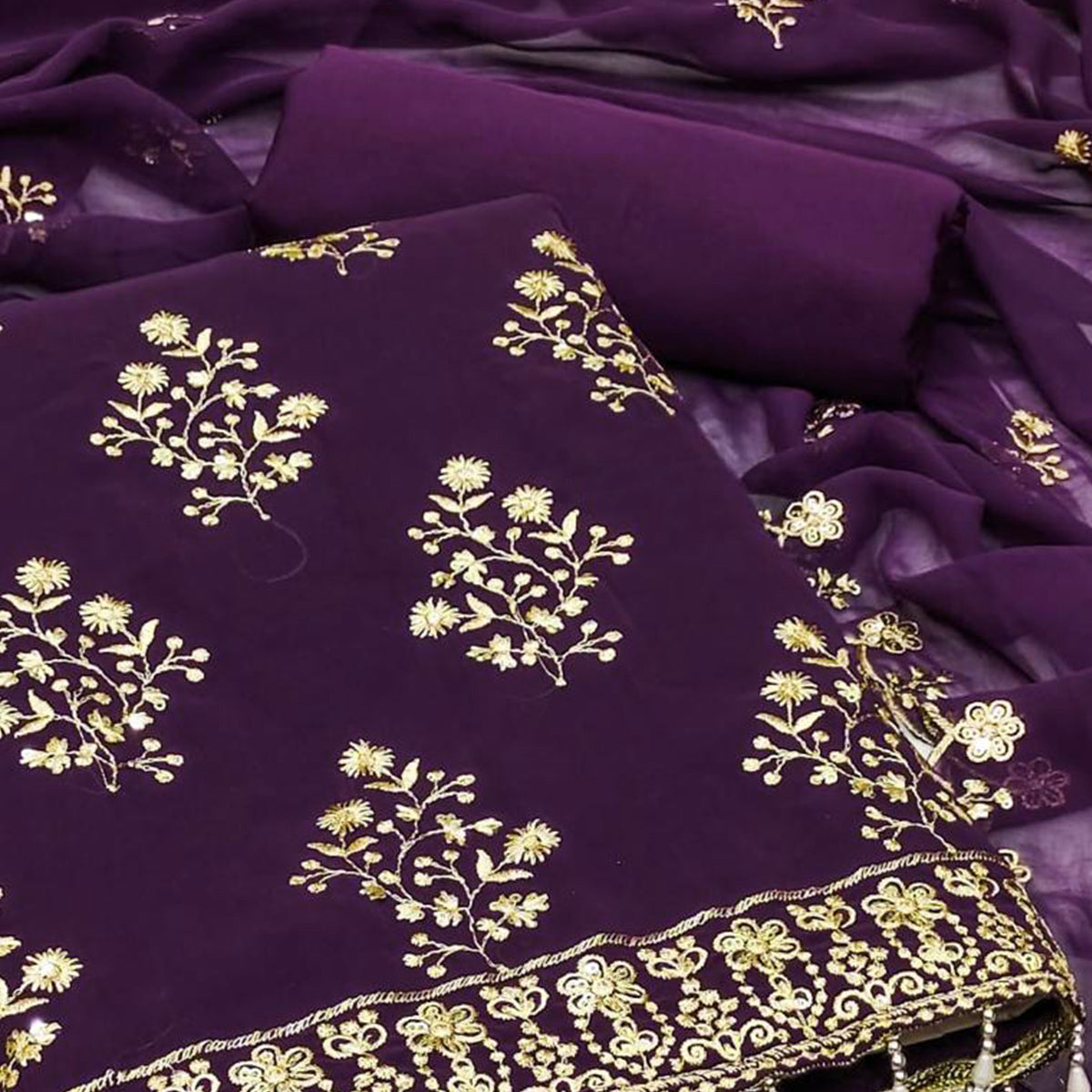 Purple Floral Sequins Embroidered Georgette Dress Material