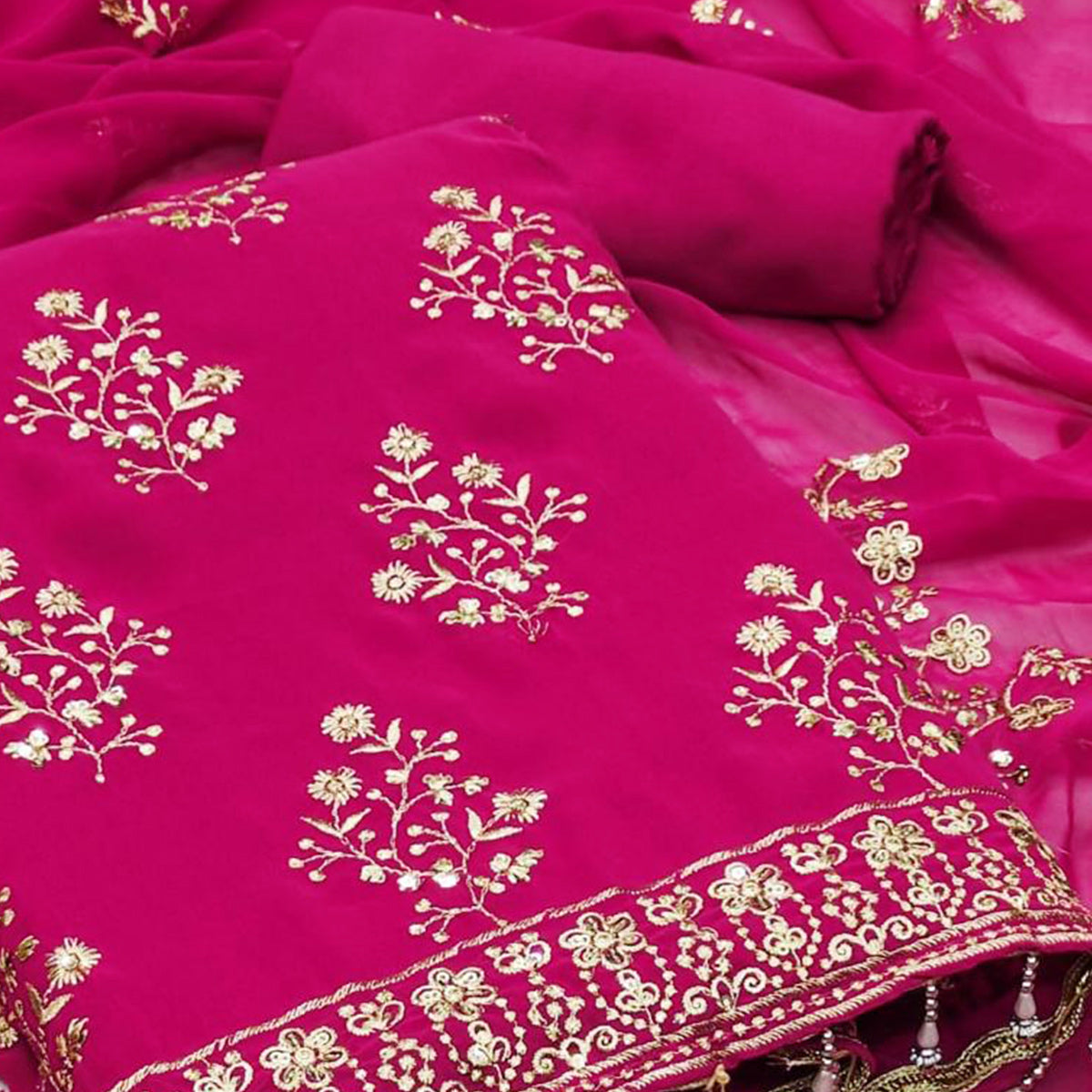 Rani Pink Floral Sequins Embroidered Georgette Dress Material