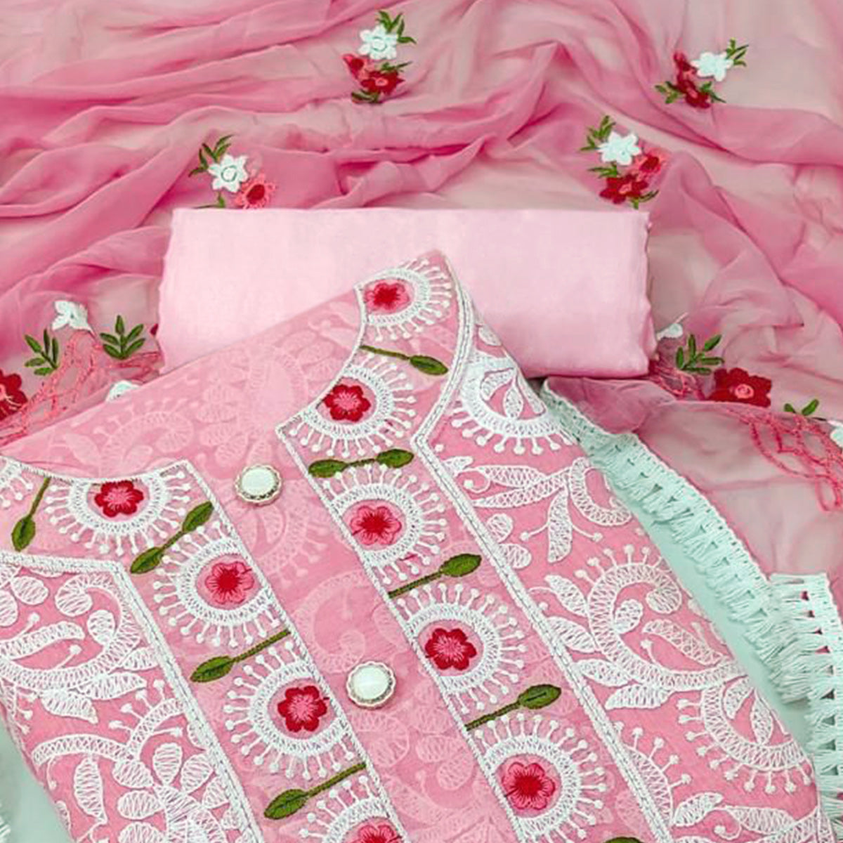 Pink Floral Embroidered Chanderi Dress Material