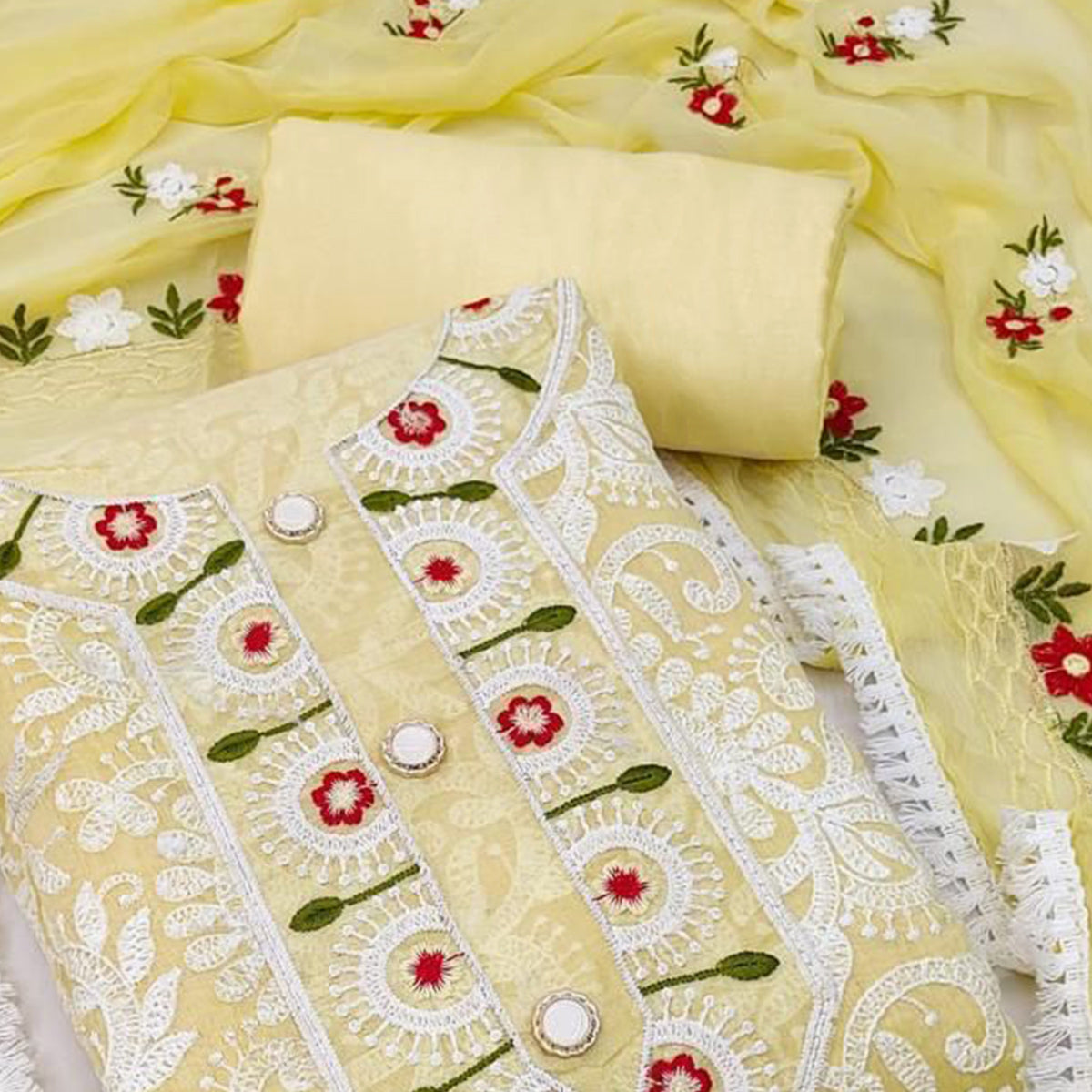 Yellow Floral Embroidered Chanderi Dress Material