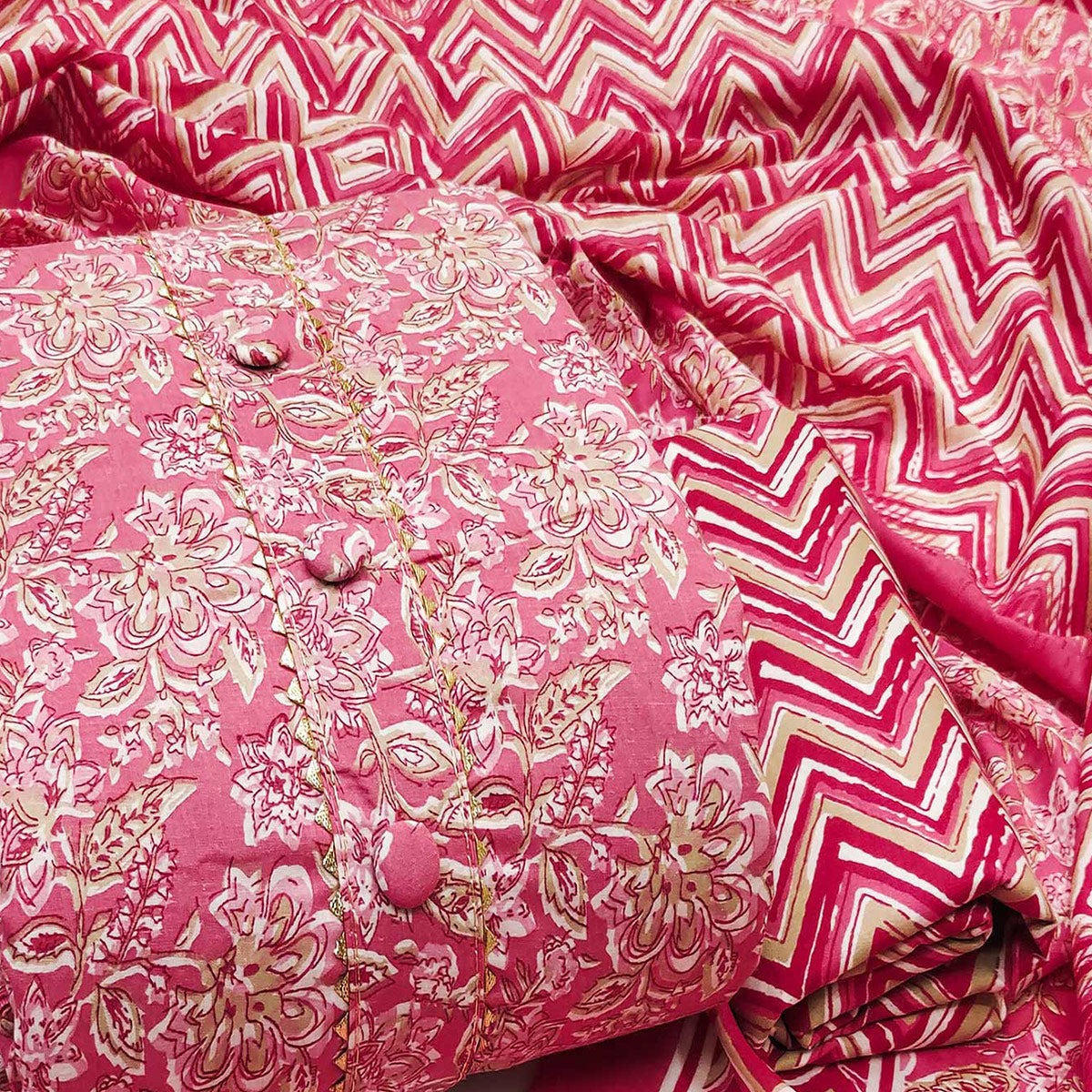 Gajri Pink Floral Printed Pure Cotton Dress Material