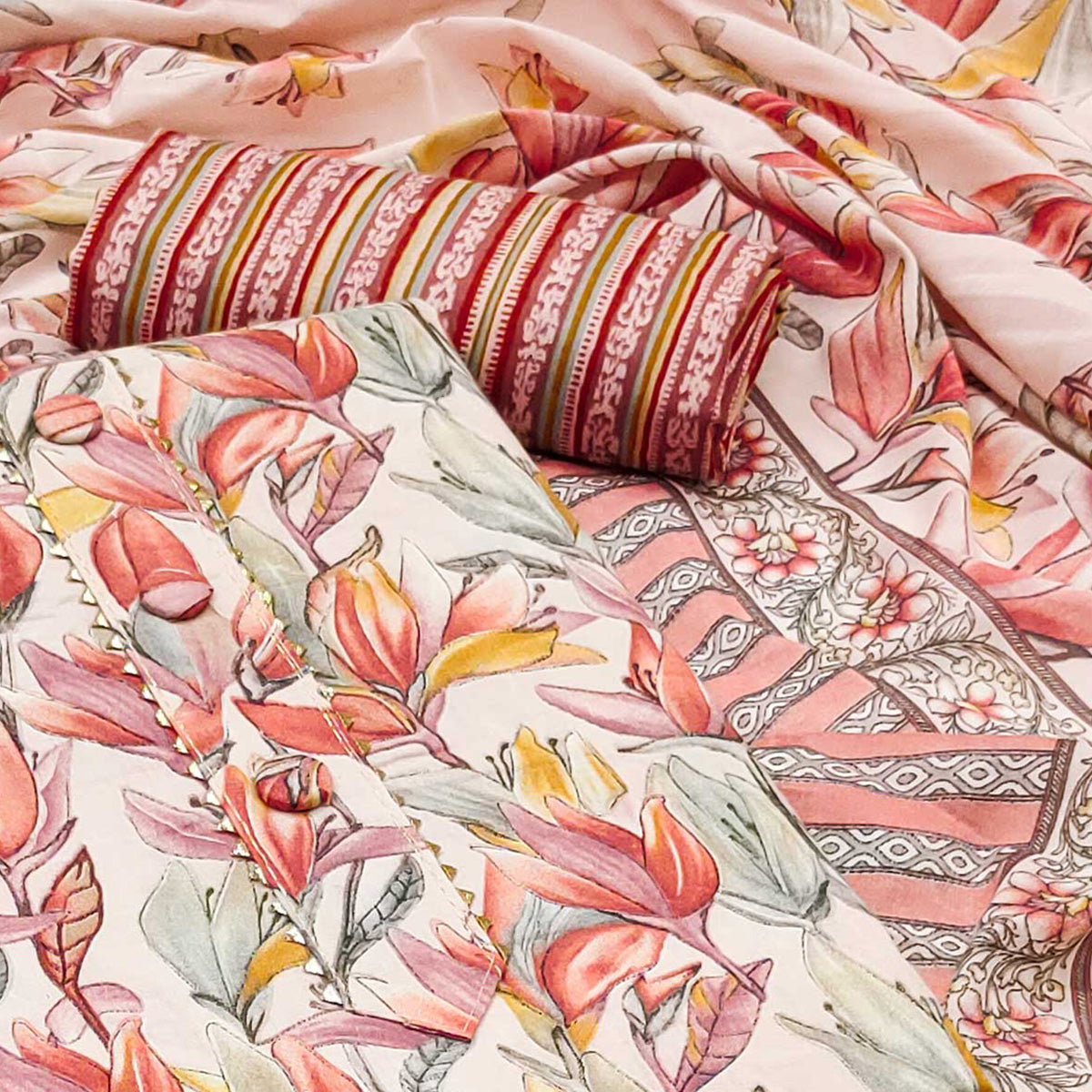 Peach Floral Printed Cotton Blend Dress Material