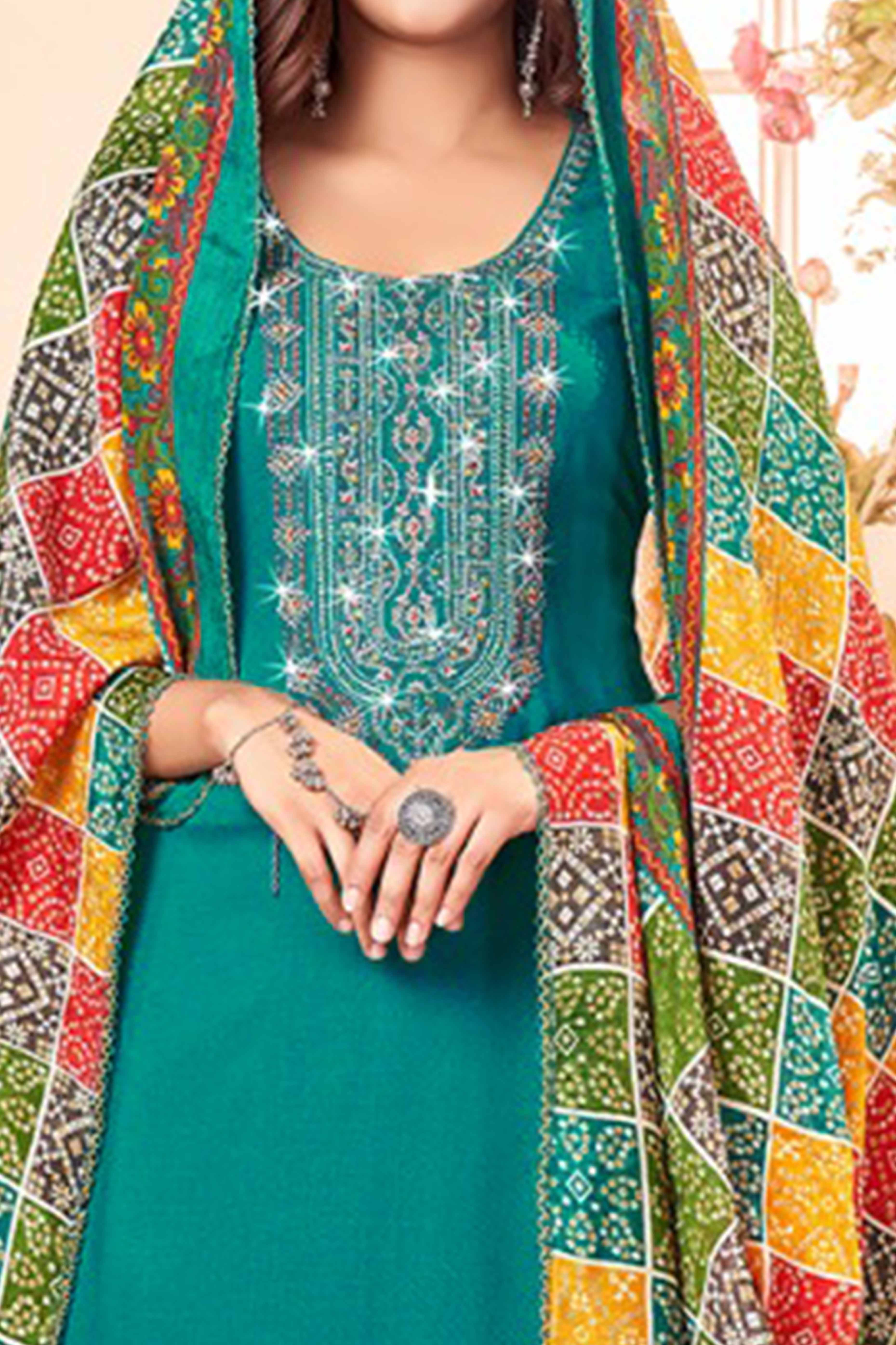 Rama Blue Embroidery With Diamond Rayon Dress Material