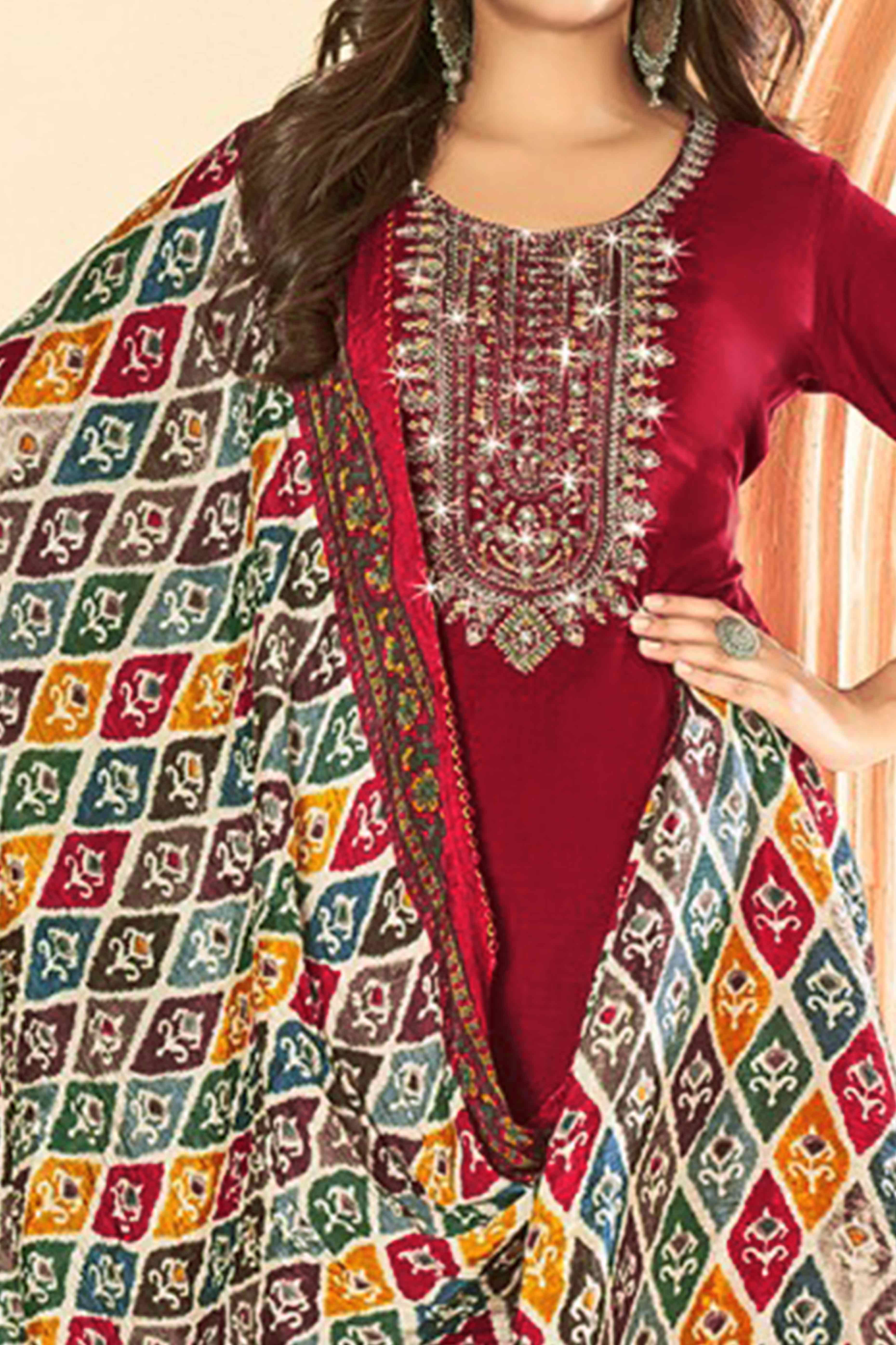 Maroon Embroidery With Diamond Rayon Dress Material