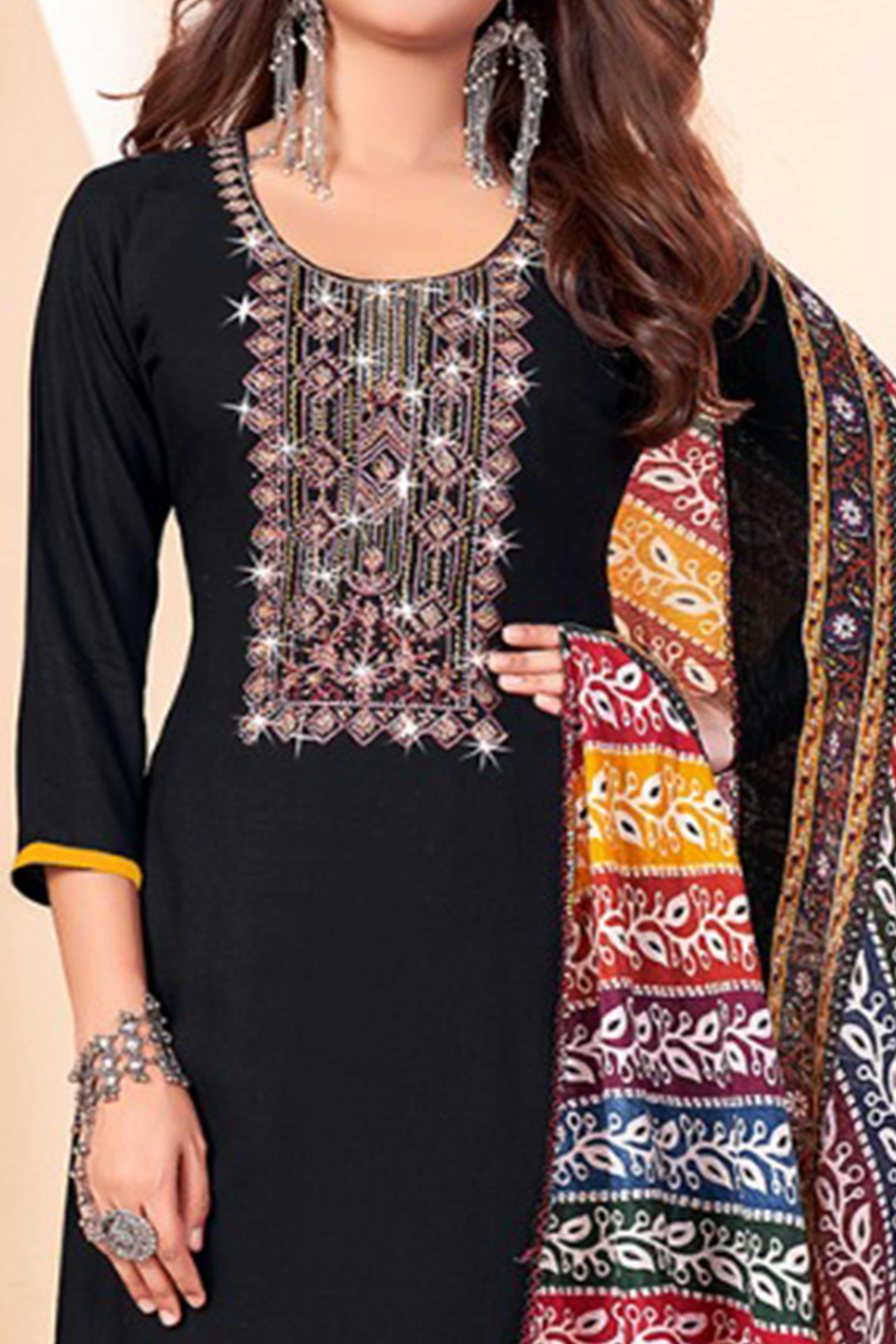 Black Embroidery With Diamond Rayon Dress Material