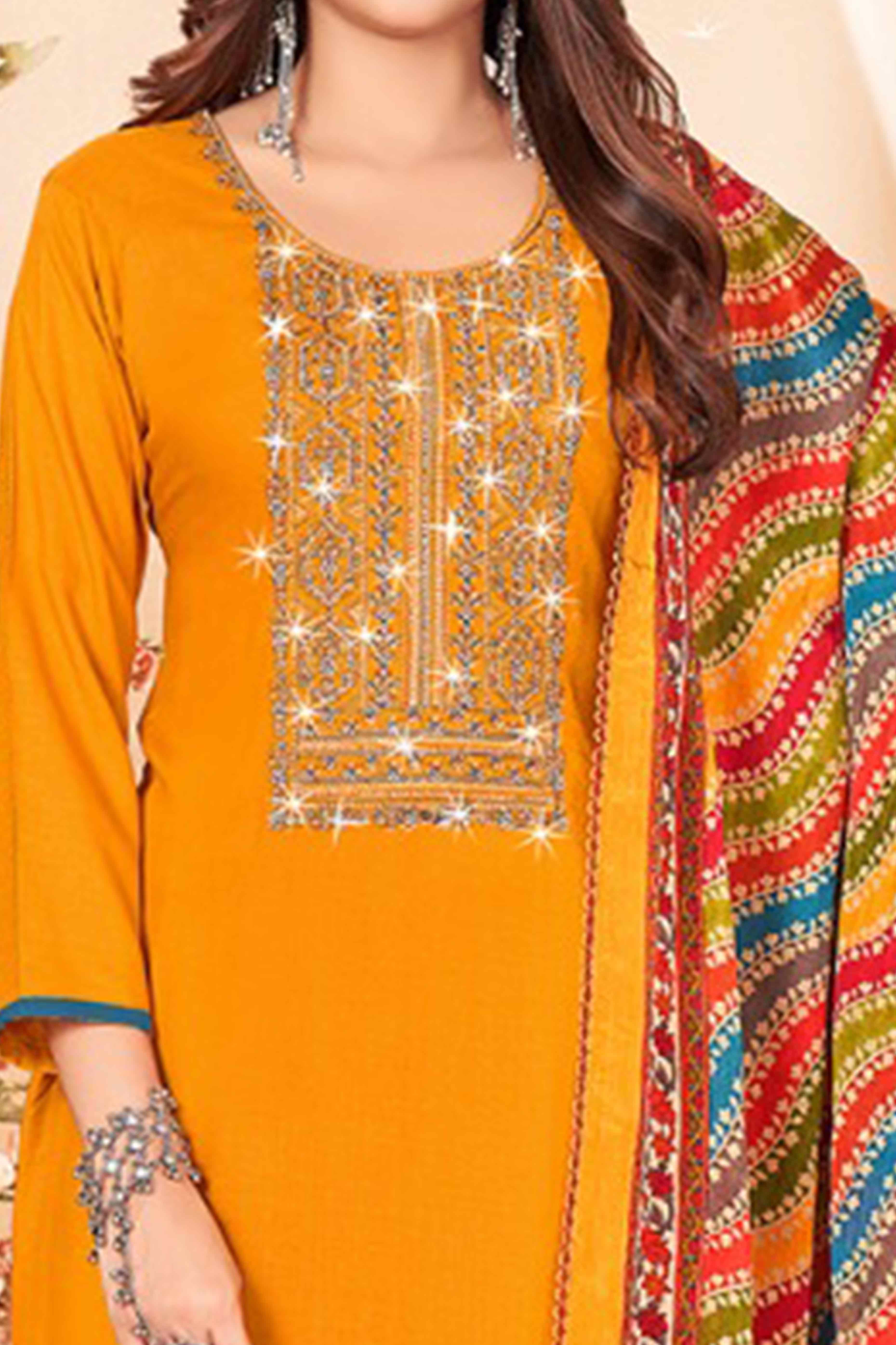 Mustard Embroidery With Diamond Rayon Dress Material