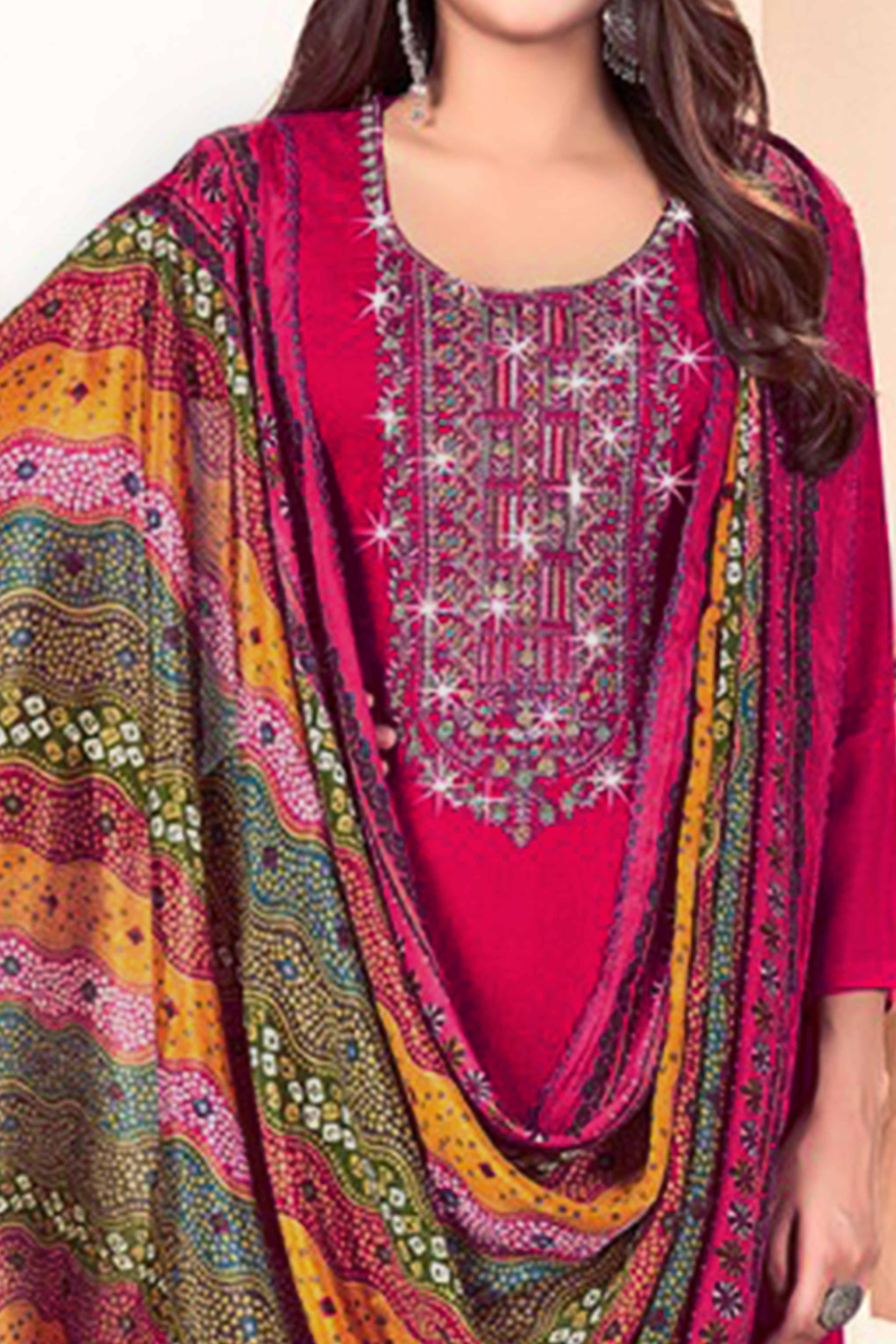 Rani Pink Embroidery With Diamond Rayon Dress Material