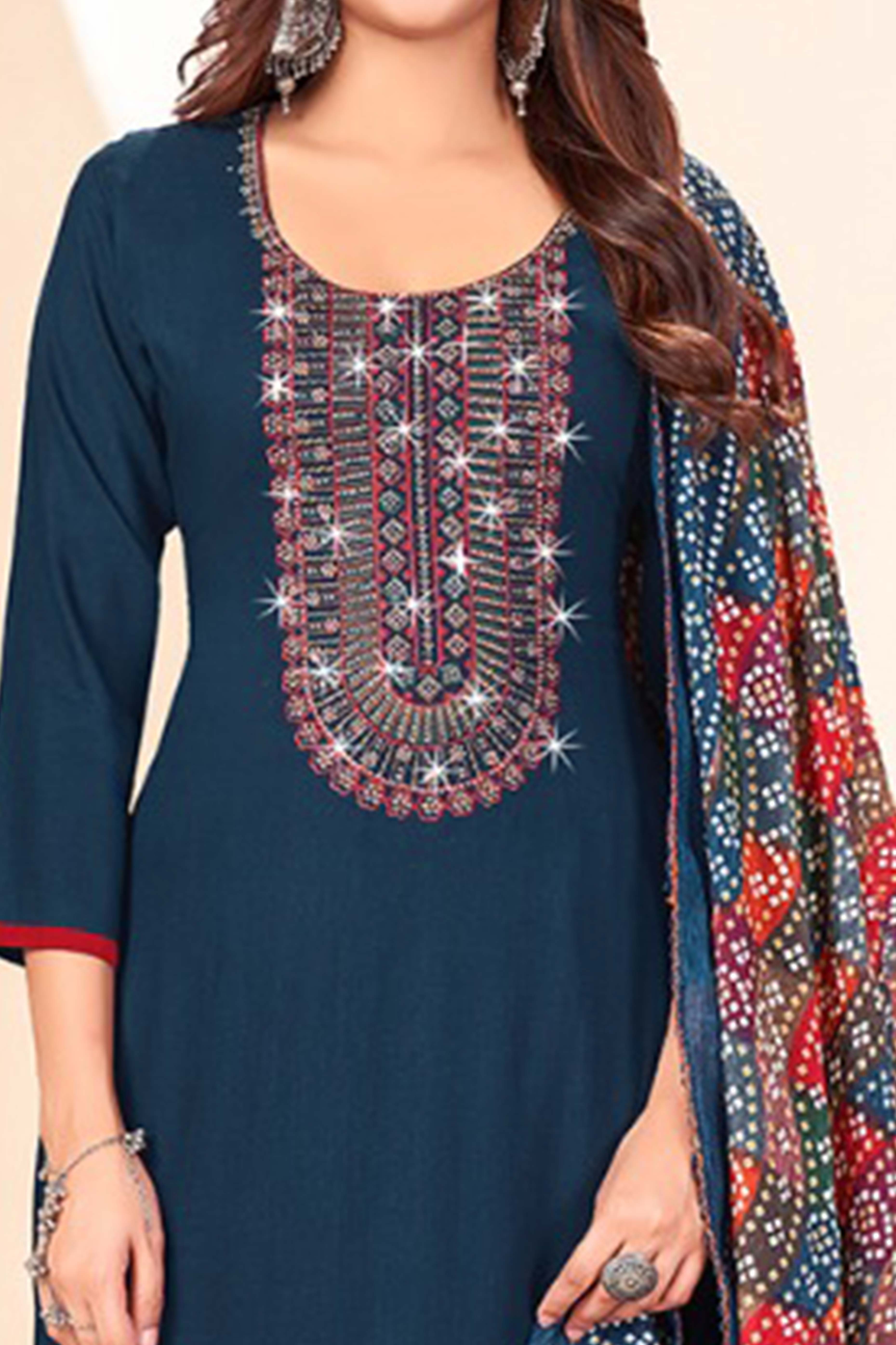 Blue Embroidery With Diamond Rayon Dress Material