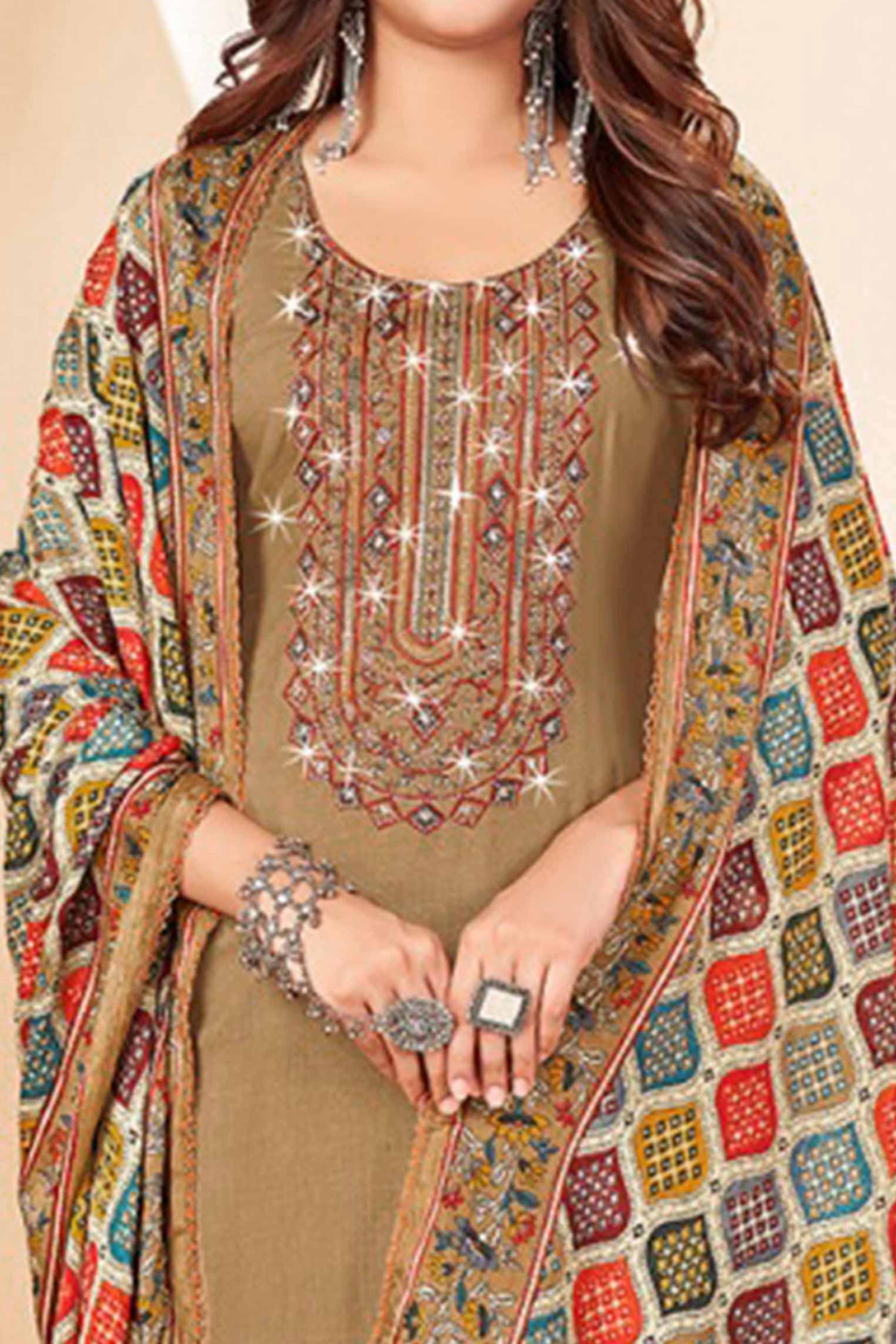 Chikoo Embroidery With Diamond Rayon Dress Material