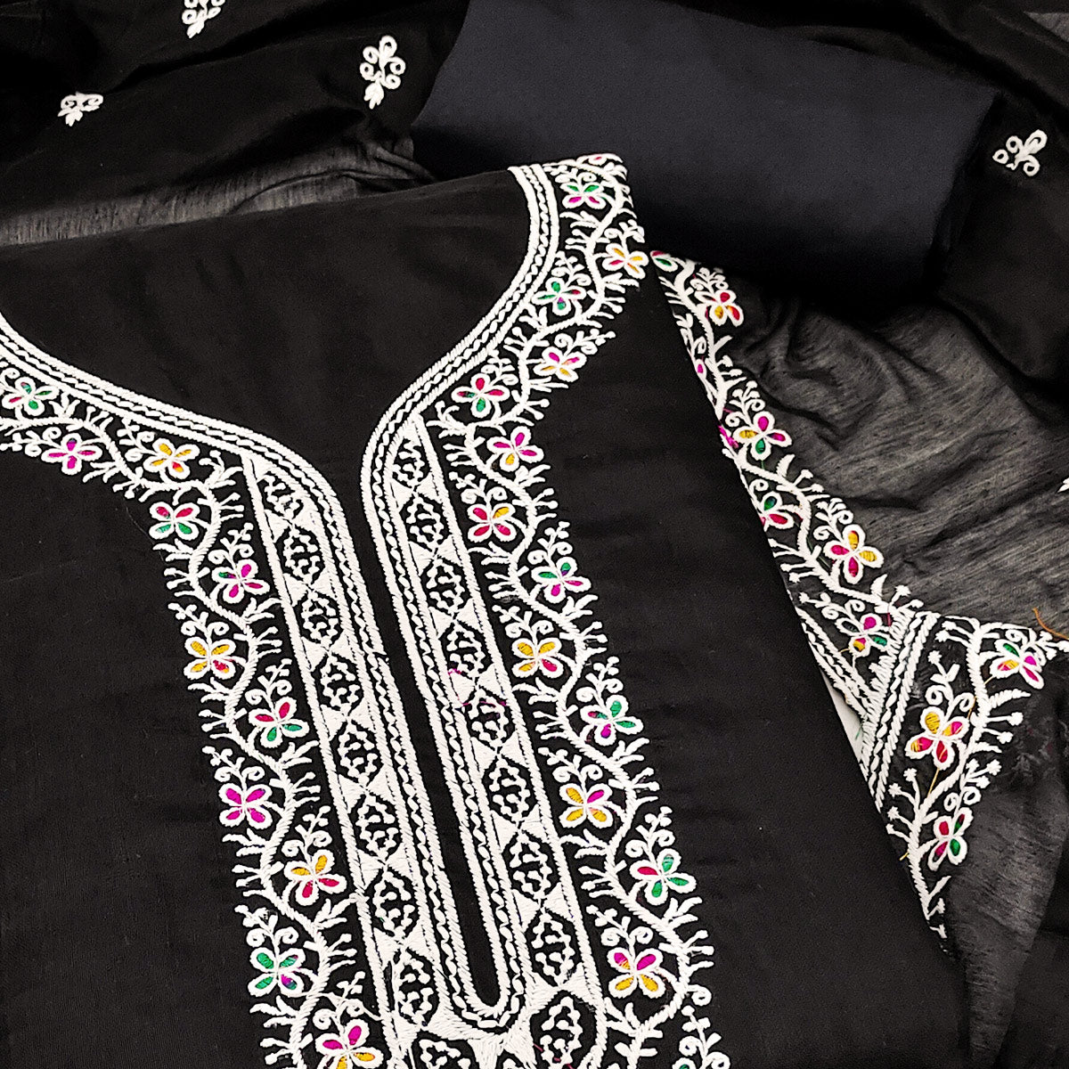 Black Chanderi Silk Dress Material Beautified with Intricate Floral Thread Embroidery