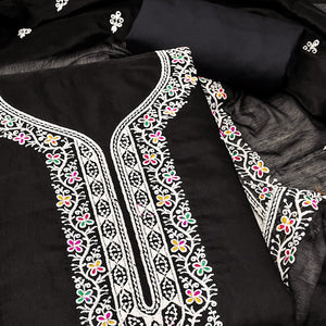 Black Chanderi Silk Dress Material Beautified with Intricate Floral Thread Embroidery