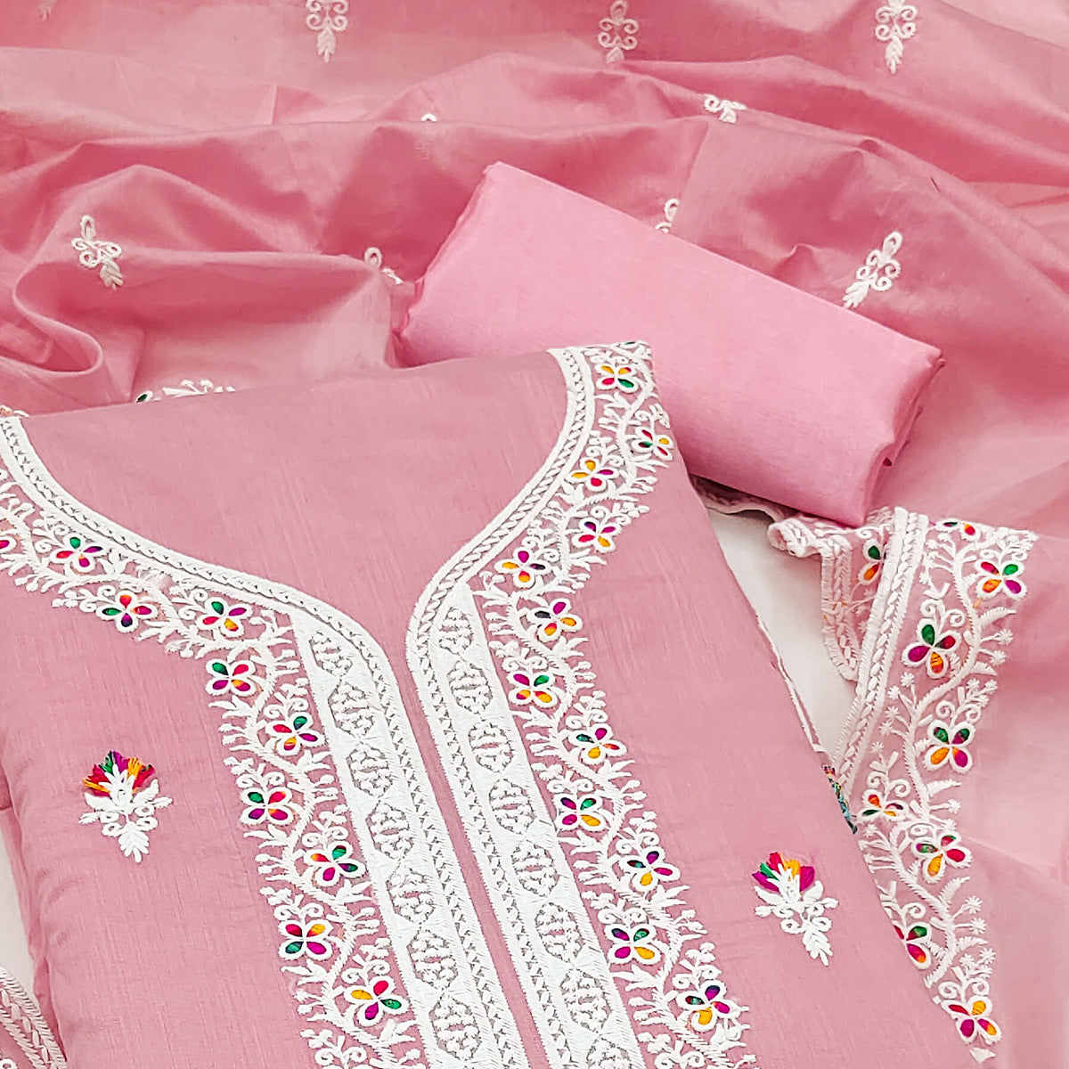 Light Pink Floral Embroidered Chanderi Dress Material