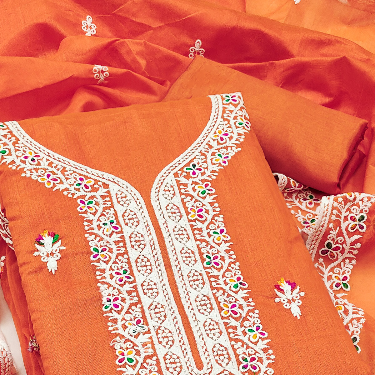 Orange Floral Embroidered Chanderi Dress Material