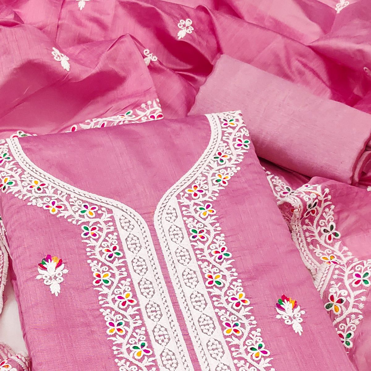 Pink Floral Embroidered Chanderi Dress Material