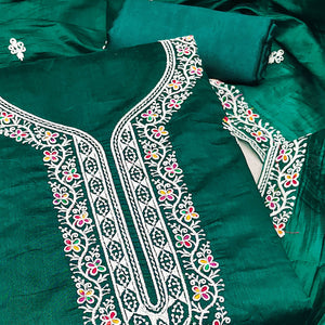 Rama Green Chanderi Silk Dress Material Beautified with Intricate Floral Thread Embroidery