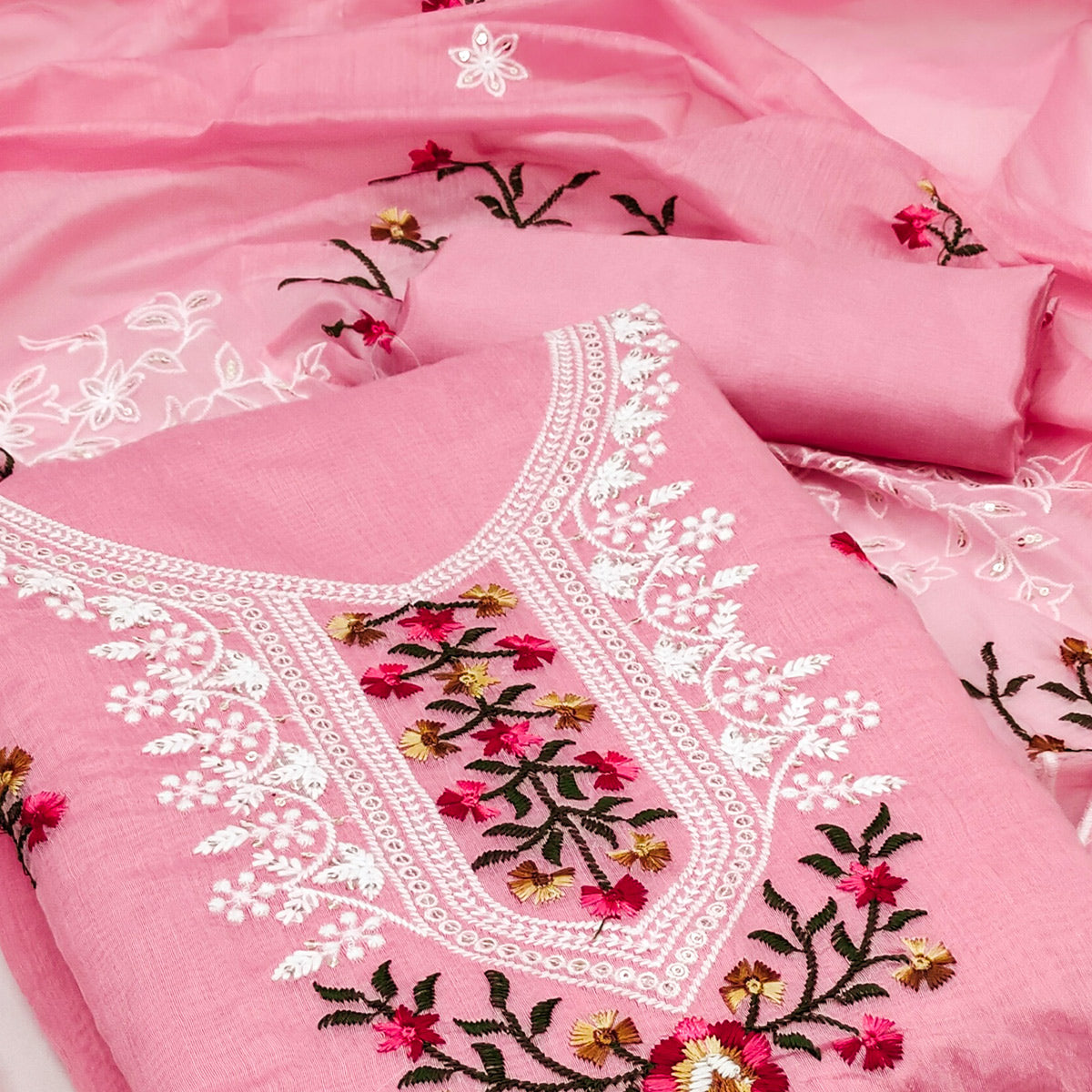 Pink Floral Sequins Embroidered Chanderi Dress Material