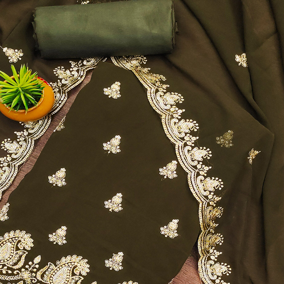 Mehendi Green Floral Sequins Embroidered Georgette Dress Material