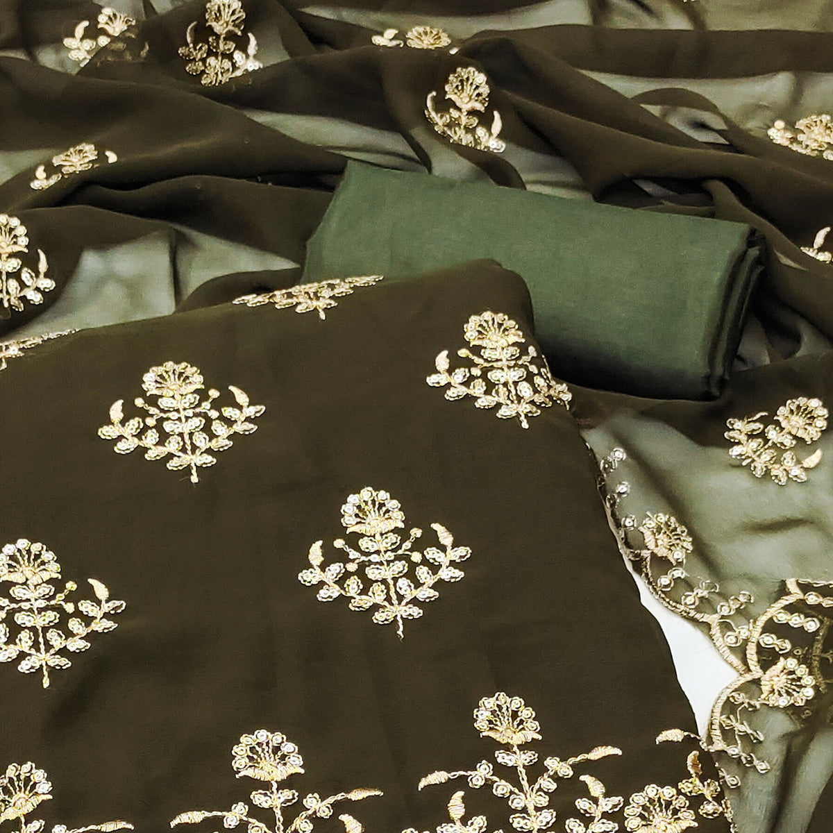 Mehendi Green Floral Sequins Embroidered Georgette Dress Material