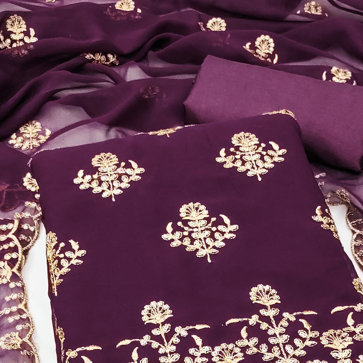 Wine Floral Sequins Embroidered Georgette Dress Material