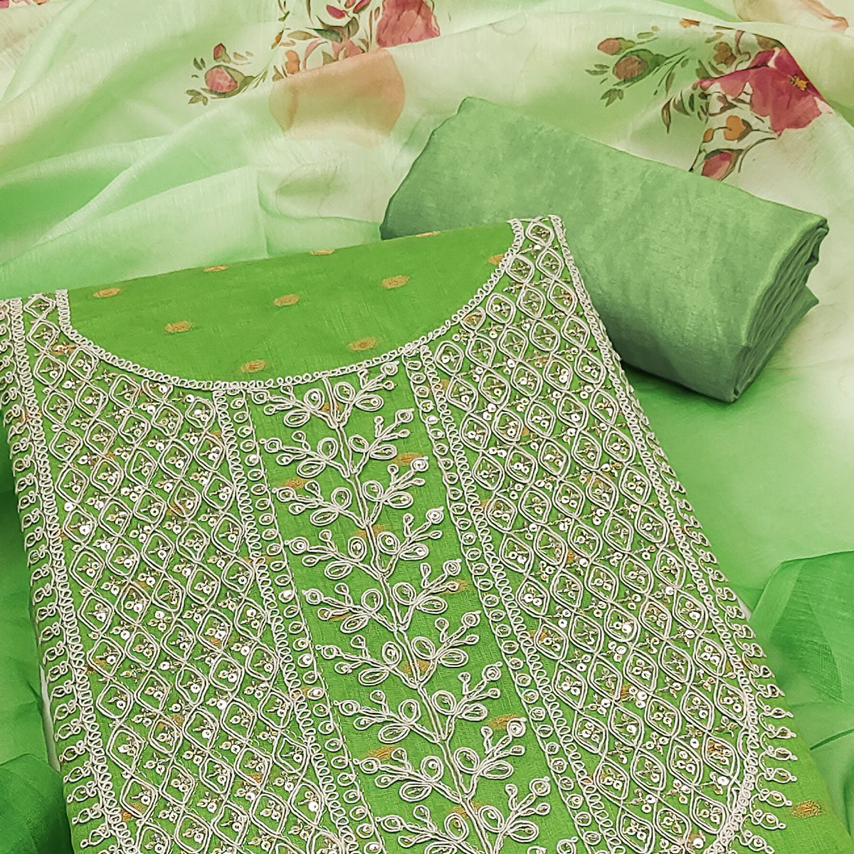 Green Woven With Sequins Embroidered Chanderi Dress Material