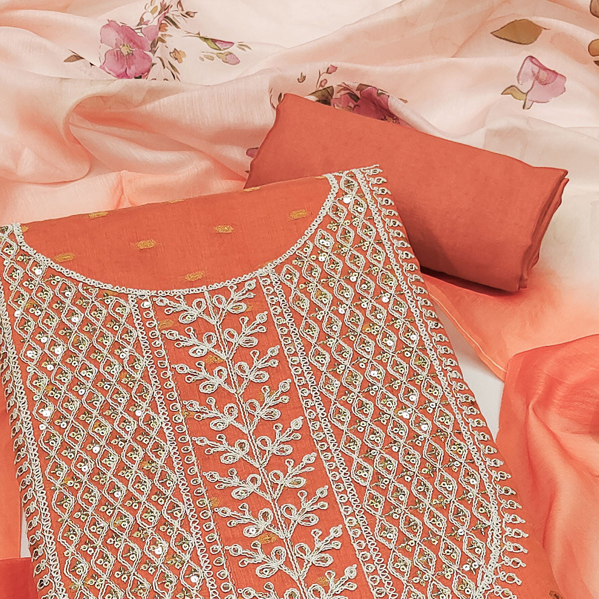 Orange Woven With Sequins Embroidered Chanderi Dress Material