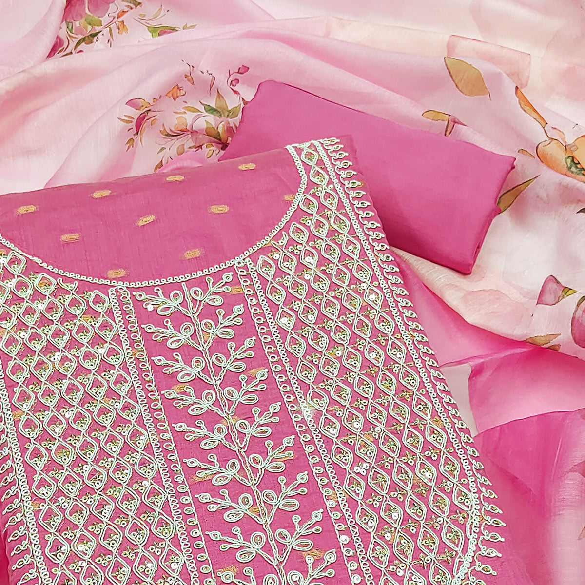 Pink Woven With Sequins Embroidered Chanderi Dress Material