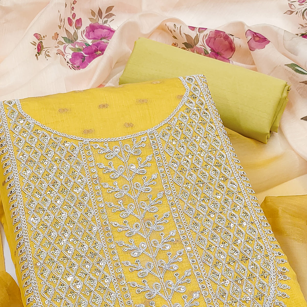 Yellow Woven With Sequins Embroidered Chanderi Dress Material